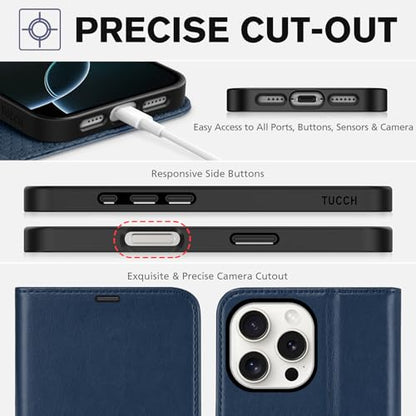 TUCCH Case Wallet for iPhone 16 Pro Max, RFID Blocking Folio, Dark Blue | 4 Card Holders, Kickstand, PU Leather, Magnetic Closure, Shockproof TPU Shell, Protective Flip Cover - color: Dark Blue
