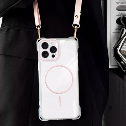 Magnetic for iPhone 17 Pro Max Crossbody Phone Case,Clear/Pink,Magnetic Soft Frame PC Back Shockproof Protective Phone Cover with Adjustable Detachable Lanyard,Compatible with MagSafe - color: Clear/Pink, size: iPhone 17 Pro Max