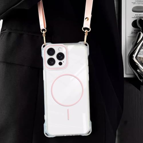 Magnetic for iPhone Air Crossbody Phone Case,Clear/Pink,Clear Magnetic Soft Frame PC Back Shockproof Protective Phone Cover with Adjustable Detachable Lanyard,Compatible with MagSafe - color: Clear/Pink, size: iPhone Air