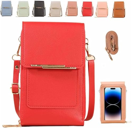 Anti Theft Leather Bag, Touch Screen Crossbody Phone Purse, Crossbody Purses for Women, 2‑in‑1 Wallet, Adjustable - color: Red