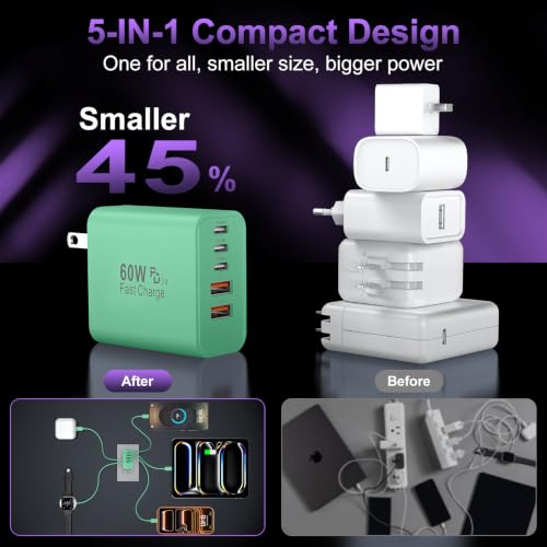 USB C Charger Block Fast Charging, 60W Phone Charger USBC Wall Plug Adapter - color: Green-2Pack