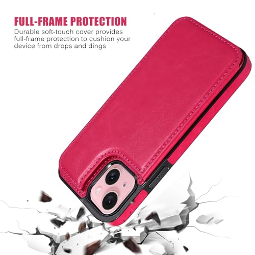 Wallet Case Compatible with iPhone 15 6.1”,Slim Protective case with Card Holder, PU Leather Kickstand Card Slots Case with a Screen Protector-Rose Red - color: Rose Red