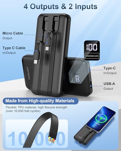AsperX 2-Pack 10000mAh Portable Charger Built-in USB C Cables, LED Display - color: Black+Black