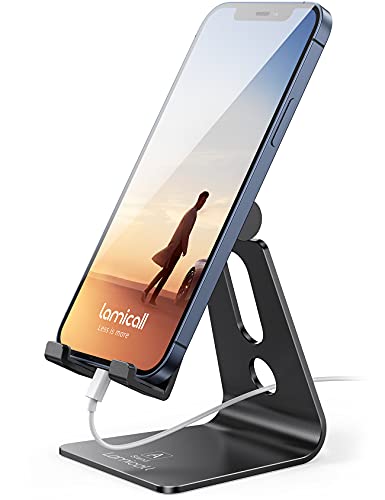 Lamicall Aluminum Cell Phone Stand, Adjustable Desk Phone Holder for iPhone - color: Black