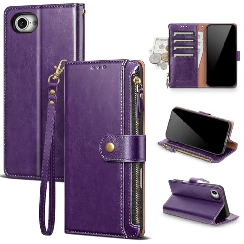 Compatible with iPhone 17e / 16e Wallet Case with Card Holder RFID Blocking Zipper Poket PU Leather Flip Phone Case with Wrist Strap Credit Card Slots Men Women,Dark Purple - color: Dark Purple