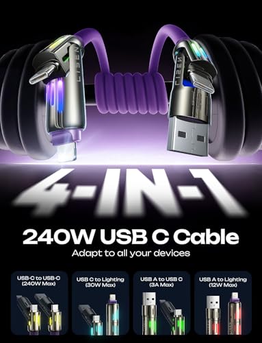 LISEN 240W Chubby USB C to USB C, 4 in 1 Charging Cable (6.6FT) with Light, USB A/C to C/L Multi Charging Cable for iPhone 16 15 14 Pro Max/MacBook/iPad Pro/SamSungS24,Purple - color: Purple, size: 6.6FT