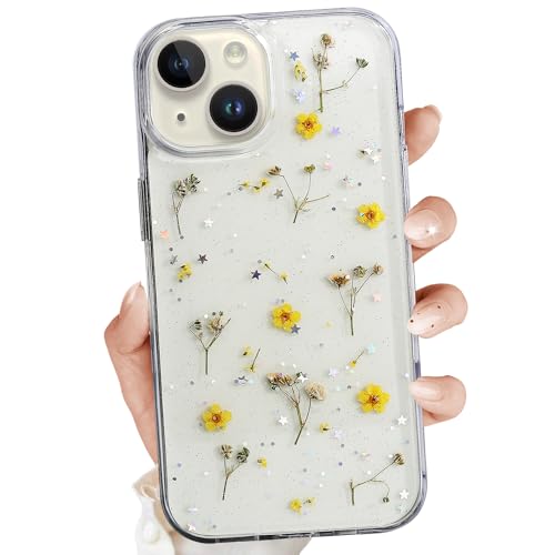 for iPhone 14 Plus Clear Case, Aesthetic Floral Phone Case with Pressed Real Flowers Design, Glitter Cute Pattern Women's Phone Case Slim Soft TPU Protective Girl's Phone Cover for iPhone 14 Plus - color: White Yellow 2, size: iPhone 14 Plus