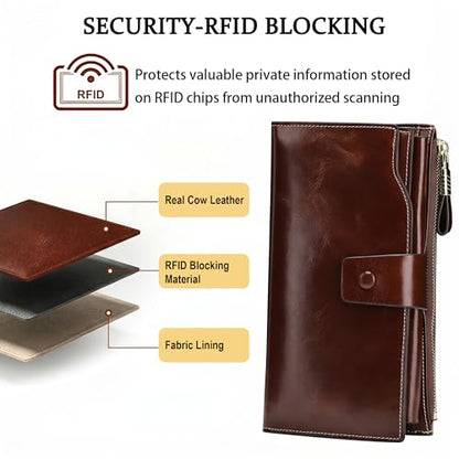 YALUXE Women's Real Leather Wallet RFID Protect 21 Card Slots Phone Pocket - color: 6- Waxed Coffee, size: Genuine Leather