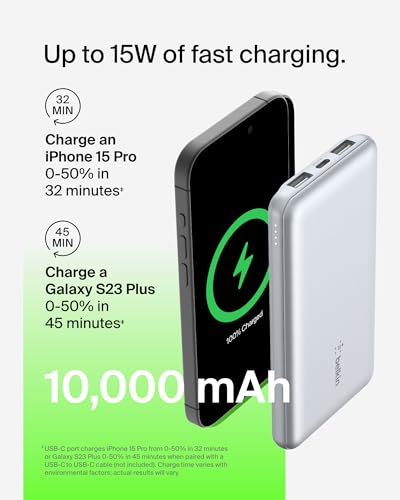 Belkin 10000mAh 15W 3 Port Power Bank, USB A to USB C Cable Included | Fast Charging, iPhone 17, Samsung Galaxy, Pixel, Airpods, iPad, Nintendo Switch 2, Battery Pack, USB C Port, USB A Port - color: Pearl Blue