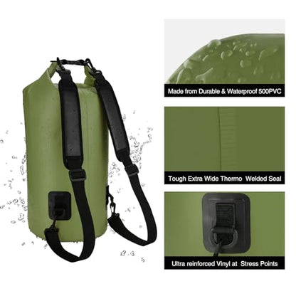 Piscifun Dry Bag, Waterproof Floating Backpack 10L/20L/30L/40L | Waterproof Phone Case, Adjustable shoulder straps, Roll-top closure keeps gear dry, Ideal for Boating, Kayaking, Fishing - color: Army Green, style: 30l