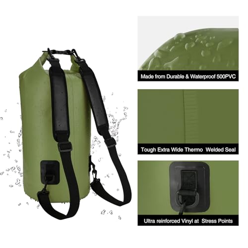 Piscifun Dry Bag, Waterproof Floating Backpack 10L/20L/30L/40L | Waterproof Phone Case, Adjustable shoulder straps, Roll-top closure keeps gear dry, Ideal for Boating, Kayaking, Fishing - color: Army Green, style: 20l