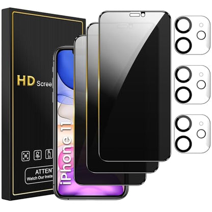 Romkasi 3 Pack Privacy Screen Protector for iPhone 11 6.1 Inch with 3 Pack Camera Lens Protector, Anti Spy Tempered Glass Film, Anti-Scratch, Touch Sensitive, Case Friendly - color: iPhone 11