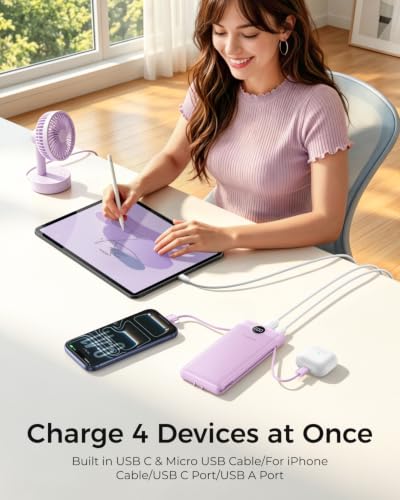 VEGER Portable Charger for iPhone, Power Bank Built in Cables and Wall Plug - color: E Purple