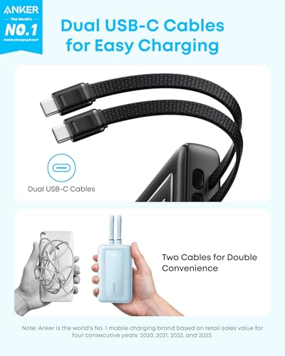 Anker Power Bank,20,000mAh 45W Portable Charger,Dual Built-in USB-C Cables - color: Black, size: Built-in C cable*2
