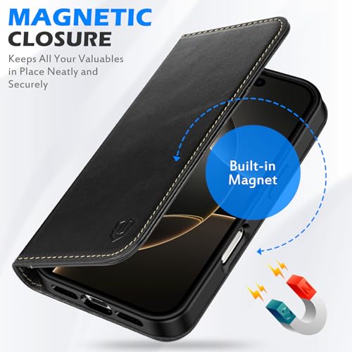 SHIELDON Genuine Leather Case Wallet for iPhone 16 Pro Max, Retro Black | Folio Magnetic Closure, RFID Blocking, Credit Card Holder, Viewing Stand, Shock Absorbing Protective Cover for Men Women - color: Retro Black