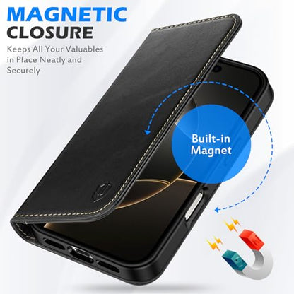 SHIELDON Genuine Leather Case Wallet for iPhone 16 Pro Max, Retro Black | Folio Magnetic Closure, RFID Blocking, Credit Card Holder, Viewing Stand, Shock Absorbing Protective Cover for Men Women - color: Retro Black