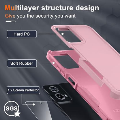 Case Compatible with Moto G 5G 2024, Full Body Heavy Duty Rugged Shockproof Protective Phone Cover with Lanyard Strap, Tempered Glass Screen Protector, Cute Pink | with Tempered Glass Screen Protector+Lanyard Strap,Rugged Shockproof Protective Phone Case