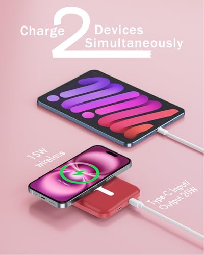 podoru for MagSafe Power Bank 5000mAh, Ultra-Slim Magnetic Portable Charger - color: Red