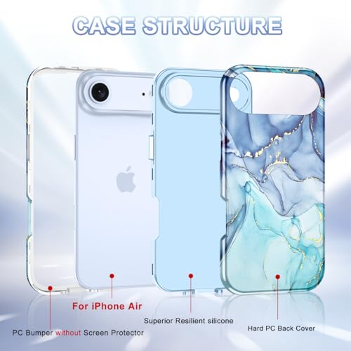 Btscase Compatible with iPhone Air Case 6.5 Inch 2025,Marble Pattern 3 in 1 Heavy Duty Shockproof Full Body Rugged Hard PC+Soft Silicone Drop Protective Women Girl Phone Cases, Blue Cyan - color: Blue Cyan, size: iPhone Air