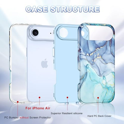 Btscase Compatible with iPhone Air Case 6.5 Inch 2025,Marble Pattern 3 in 1 Heavy Duty Shockproof Full Body Rugged Hard PC+Soft Silicone Drop Protective Women Girl Phone Cases, Blue Cyan - color: Blue Cyan, size: iPhone Air
