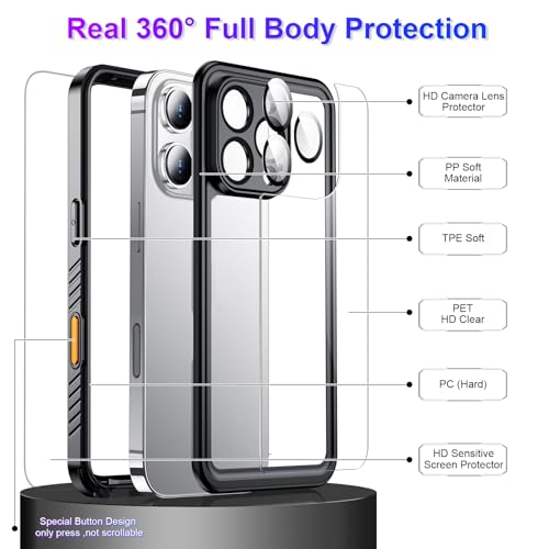 Compatible with iPhone 16 Pro Case Waterproof, Built-in Screen & Camera Protector IP68 Underwater Full Body 16FT Military Dropproof Shockproof Phone Case 6.3"-Black/Clear - color: Black, size: iPhone 16 Pro