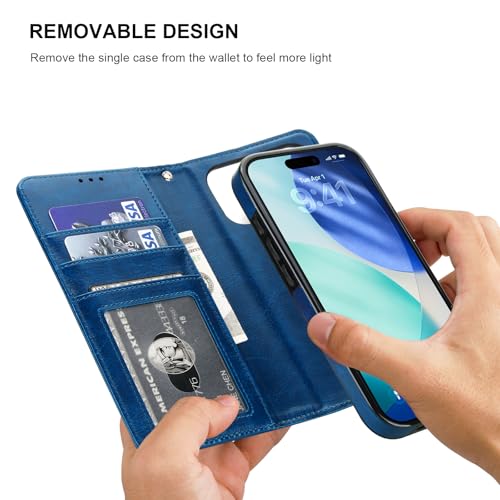Bocasal Detachable Wallet Case Card Holder for iPhone 17 Pro, Blue | RFID Blocking Kickstand Card Slots Holder PU Leather Magnetic Shockproof Wrist Strap Removable Flip Protective Cover 6.3 inch - color: Blue