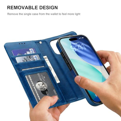 Bocasal Detachable Wallet Case Card Holder for iPhone 17 Pro, Blue | RFID Blocking Kickstand Card Slots Holder PU Leather Magnetic Shockproof Wrist Strap Removable Flip Protective Cover 6.3 inch - color: Blue