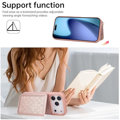 for iPhone 17 Pro Max Wallet Case with Card Holder Slots and Strap, RFID Blocking Magnetic Flip Folio Cover, Crossbody Purse Protection Case with Kickstand,Rose Gold Diamond - color: Rose Gold Diamond, size: iPhone 17 Pro Max(6.9")