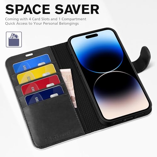 TUCCH Wallet Case for iPhone 14 Pro (6.1"), 4 Card Holders, Black & White | RFID Blocking, Viewing Stand, Shockproof TPU Shell, PU Leather, Magnetic Closure, Protective Folio Flip Cover - color: Black & White