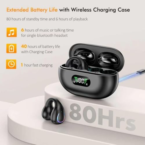 Open Ear Bone Conduction Headphones Bluetooth 5.3Wireless Clip On Earbuds with Digital Display Charging Case 80 Hours Playtime Sport Earphones Built-in Mic IPX7Waterproof for Running Fitness Exercise
