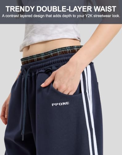 Women's Baggy Barrel Sweatpants, Double Waist Striped Wide Leg Pants - color: Navy Blue, size: Large