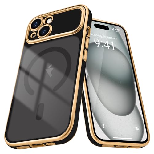 for iPhone 15 Case Clear Compatible with MagSafe, Black | Magnetic Plating Clear Luxury Elegant Cover for Women men. Slim Soft TPU Shockproof Protective phone case - color: Black, size: iPhone 15