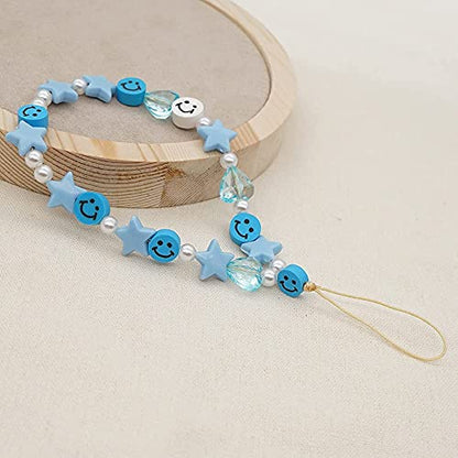 LUSTEMBER Cute Beaded Phone Charm, Smiley Face Wrist Strap, Colorful Handmade Polymer Clay and Pearl Chain - color: Blue