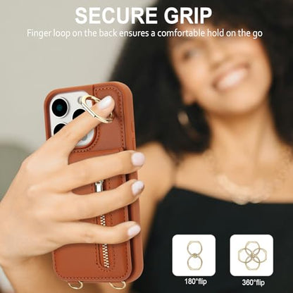 Crossbody Wallet Case for iPhone 12 Pro Max, with Card Slots Zipper Pocket Case, Flip Folio Purse RFID Blocking with Ring Kickstand Detachable Strap-Brown - color: Brown, size: iPhone 12 Pro Max(6.7")