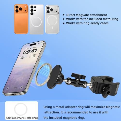 Magnetic Mic Stand Phone Holder Mount, 360° Angle Adjustment for Gym/Microphone Stand/Shopping Cart/Stroller/Handlebar,Compatible with iPhone 17/16/15/14/13/12 Series