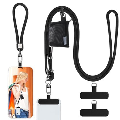 HOTEMIA Phone Lanyard and Wrist Straps, Adjustable Cell Phone Lanyard Crossbody with Detachable Wallet, 8mm Thick iPhone Lanyard for Around the Neck (Black+Wallet) - color: Black+wallet