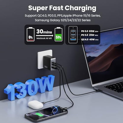 130W USB C Charger Block,3-Port GaN Fast Charger,Compact Foldable Type C Fast Charging Wall Charger,PD QC 65W USB C Laptop Charger for MacBook Pro/Air,iPad Pro,iPhone 17/16/15/14,Galaxy,Dell XPS etc