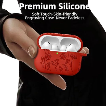 Lerobo for AirPods Pro 3 Case, Flower Engraved Soft Silicone Cover, Red - color: A-Red, size: AirPods Pro 3