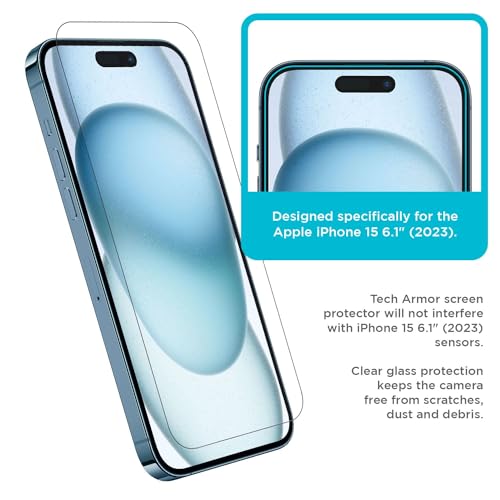 Tech Armor Screen Protector for iPhone 15, Ballistic Tempered Glass, 3-Pack - size: iPhone 15-6.1 Inch