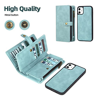 TwoHead for iPhone 11 Wallet case with 11 Card Holder (Blue) | Detachable Magnetic Phone Case, PU Leather Wallet for Women/Men,Wireless Charging Compatible,with Wrist Strap - color: Blue