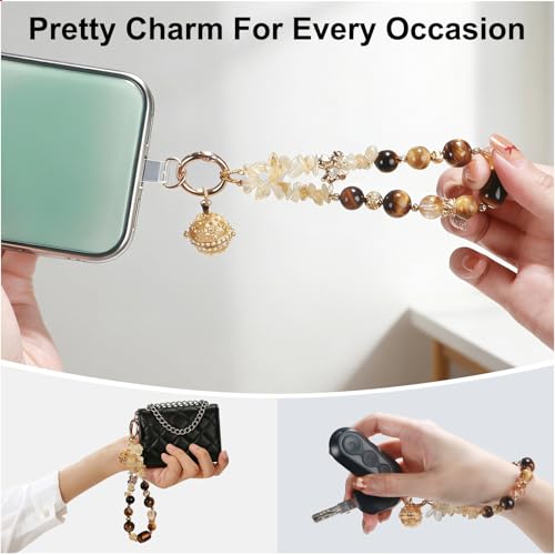 TEAMOLA Natural Stone Phone Charm - Crystal Phone Beaded Wrist Strap - color: Gold & Yellow & Black
