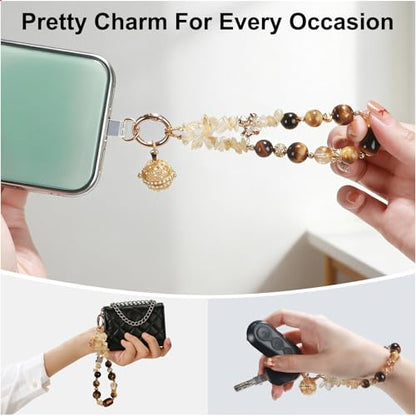 TEAMOLA Natural Stone Phone Charm - Crystal Phone Beaded Wrist Strap - color: Gold & Yellow & Black