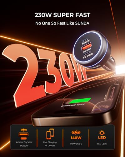 230W Car Charger USB C Fast Charge, PD 140W USB C Car Charger, 3-Port Cigarette Lighter USB Charger Adapter 12V-24V, Compatible with iPhone 17/16/15 MacBook iPad Laptop Samsung S25