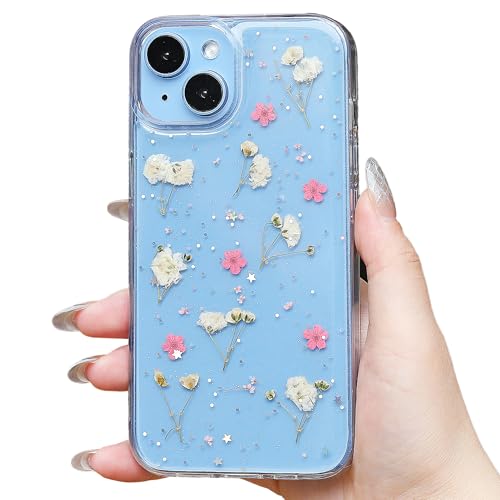 for iPhone 14 Plus Clear Case,Aesthetic Floral Phone Case with Pressed Real Flowers Design,Glitter Cute Floral Pattern Women's Phone Case Slim Soft TPU Protective Girl's Phone Cover for iPhone 14 Plus - color: White Pink 2, size: iPhone 14 Plus