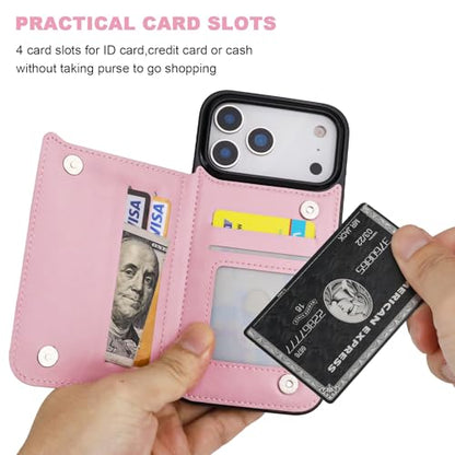 ONETOP for iPhone 17 Pro Max Wallet Case with Credit Card Holder,Pink | Kickstand,ID/Cash Holder,Case Wallet with Card Slots,Double Magnetic Clasp,Durable PU Leather Shockproof Cover for Women Men - color: Pink