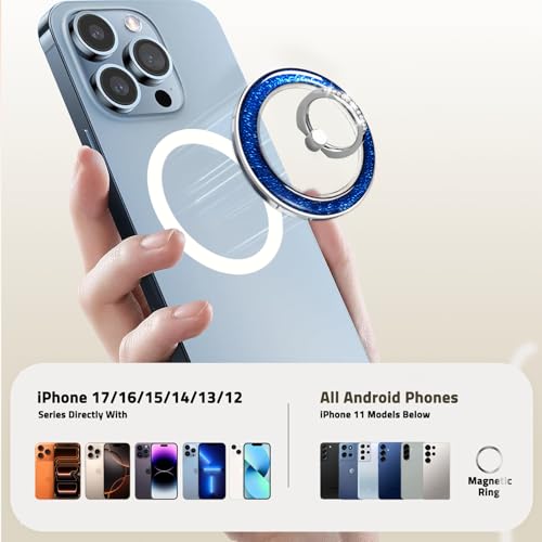 Transparent Shiny Magnetic Phone Ring Holder,360° Rotatable Removable Phone Grip,Clear Blue Sparkle Diamond Stylish Design Compatible with All Phones & Tablets - color: Clear Blue