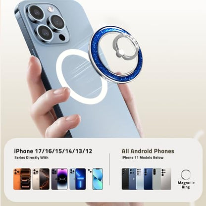 Transparent Shiny Magnetic Phone Ring Holder,360° Rotatable Removable Phone Grip,Clear Blue Sparkle Diamond Stylish Design Compatible with All Phones & Tablets - color: Clear Blue