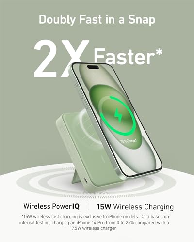 Anker MagGo Power Bank, 10,000mAh Qi2-Certified 15W Max Portable Charger | Fast MagSafe-Compatible Battery Pack, Smart Display, Foldable Stand, for iPhone 16 / 15 / 14 / 13 Only (USB-C Cable Included) - color: Green