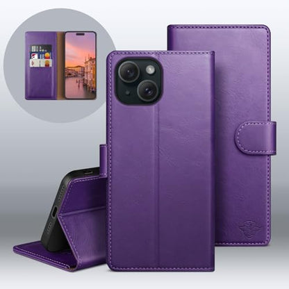 Wallet Case for iPhone 15 6.1", Purple | RFID-Blocking Card Holder, Kickstand, Magnetic Closure, PU Leather Folio Flip Cover, Protective Women Men Cases - color: Purple, size: iPhone 15