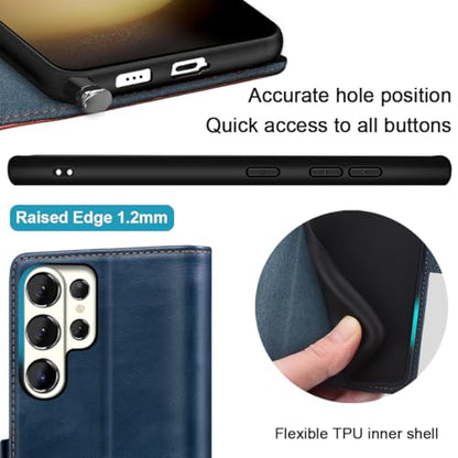 KEZiHOME Genuine Leather Wallet Case for Samsung Galaxy S26 Ultra Blue | Blue, RFID Blocking Card Holder, Kickstand, Magnetic Protective Phone Folio Cover, Compatible with S26 Ultra - color: Blue, size: Galaxy S26 Ultra Case